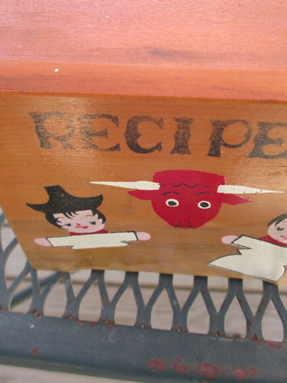 Recipe Box wood hinged MCM handpainted cottage core mint
